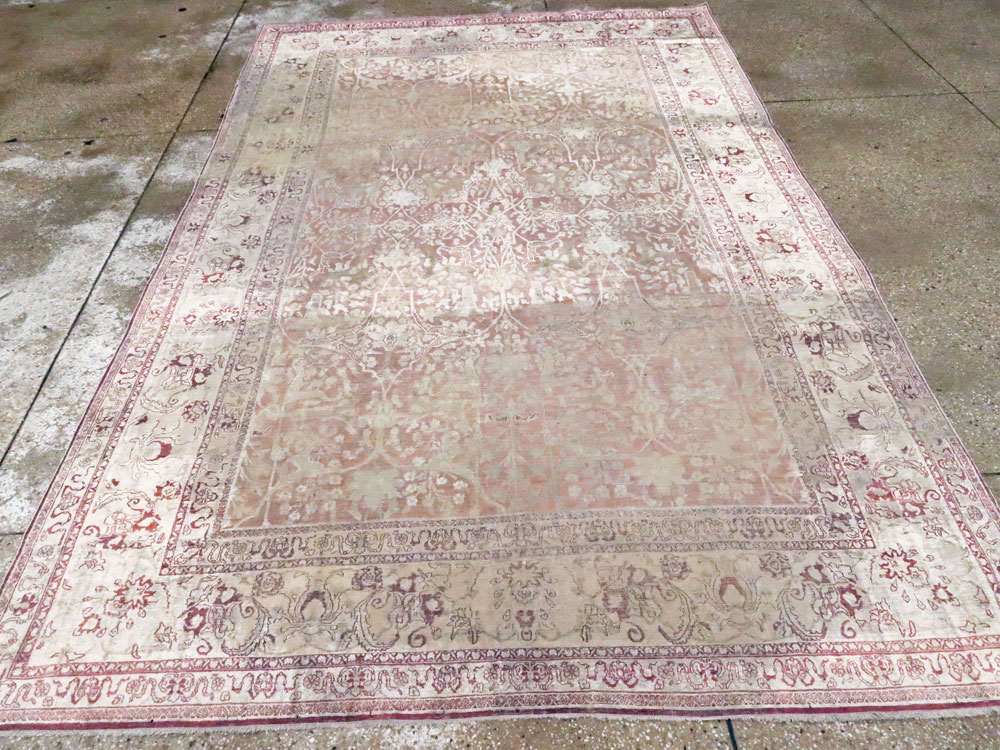 Antique Persian Silk Distressed Kashan Carpet, No.20182 - Staging