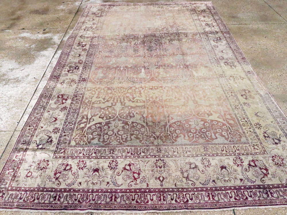 Antique Persian Silk Distressed Kashan Carpet, No.20182 - Staging