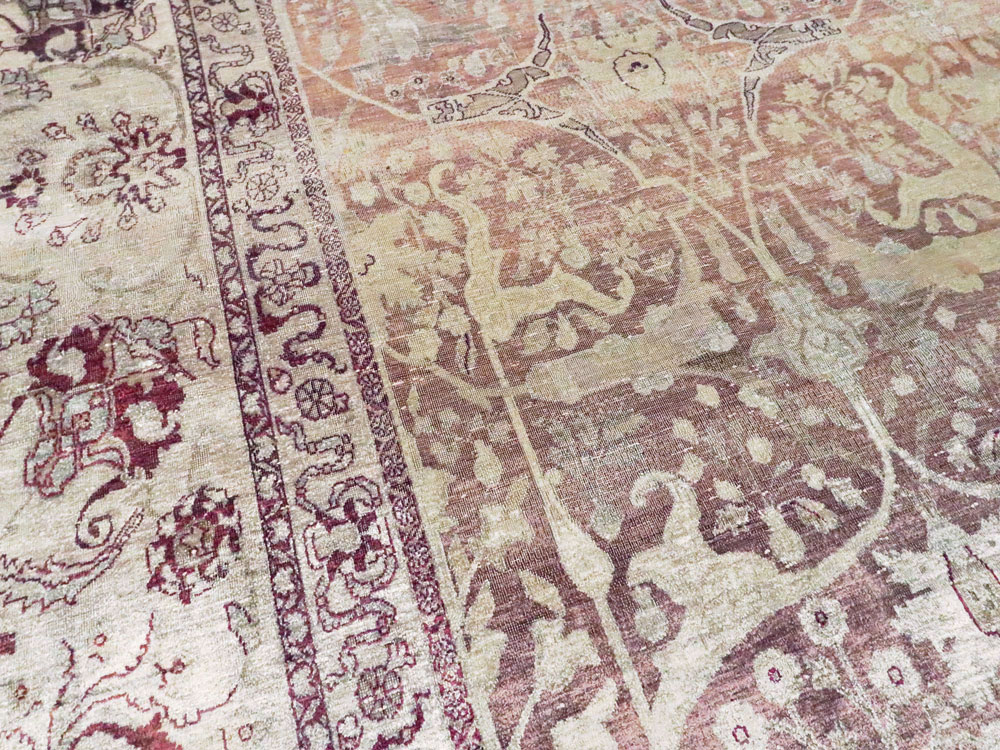 Antique Persian Silk Distressed Kashan Carpet, No.20182 - Staging