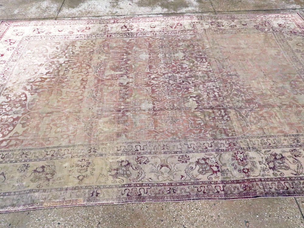 Antique Persian Silk Distressed Kashan Carpet, No.20182 - Staging