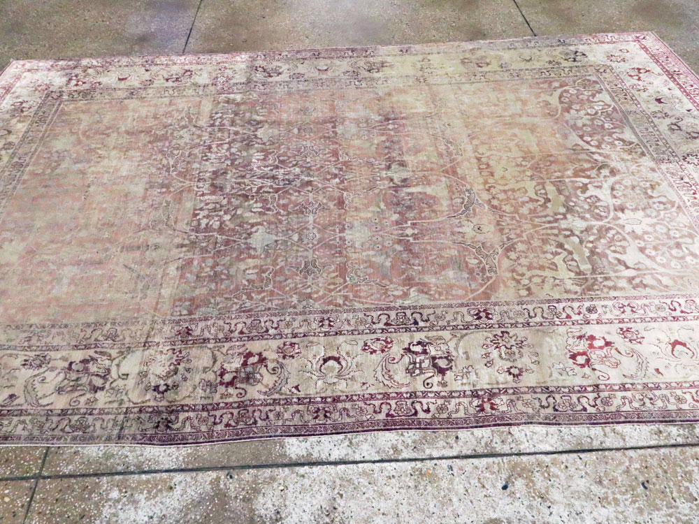 Antique Persian Silk Distressed Kashan Carpet, No.20182 - Staging