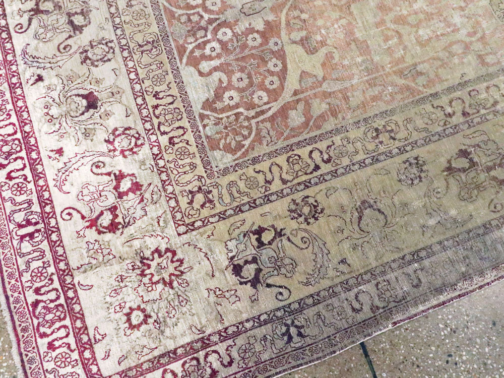 Antique Persian Silk Distressed Kashan Carpet, No.20182 - Staging