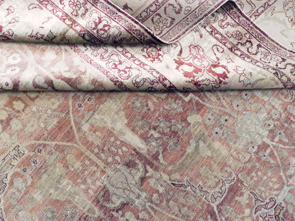 Antique Persian Silk Distressed Kashan Carpet, No.20182 - Staging