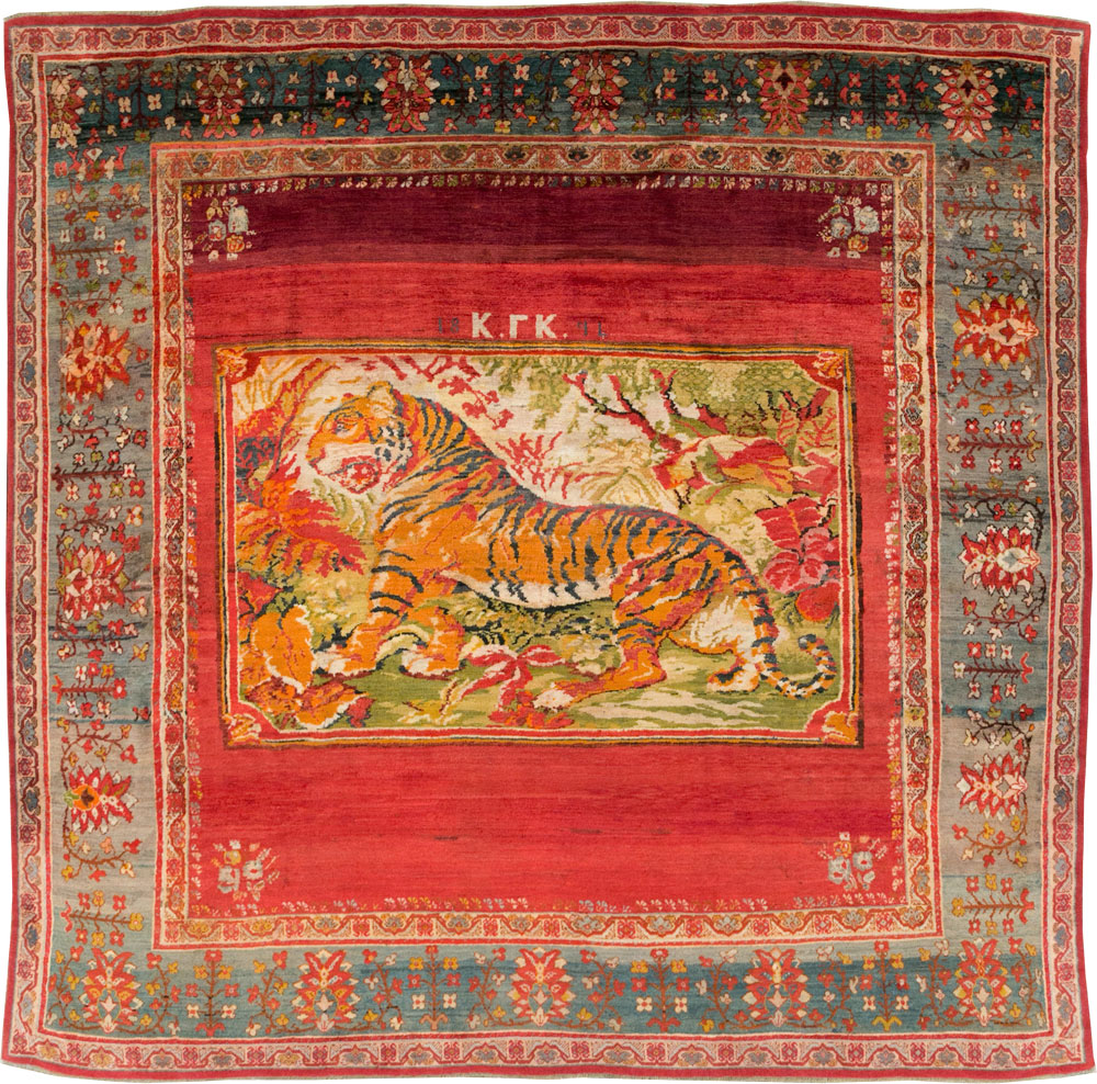 Antique Pictorial Oushak Carpet, No.20483 - Staging