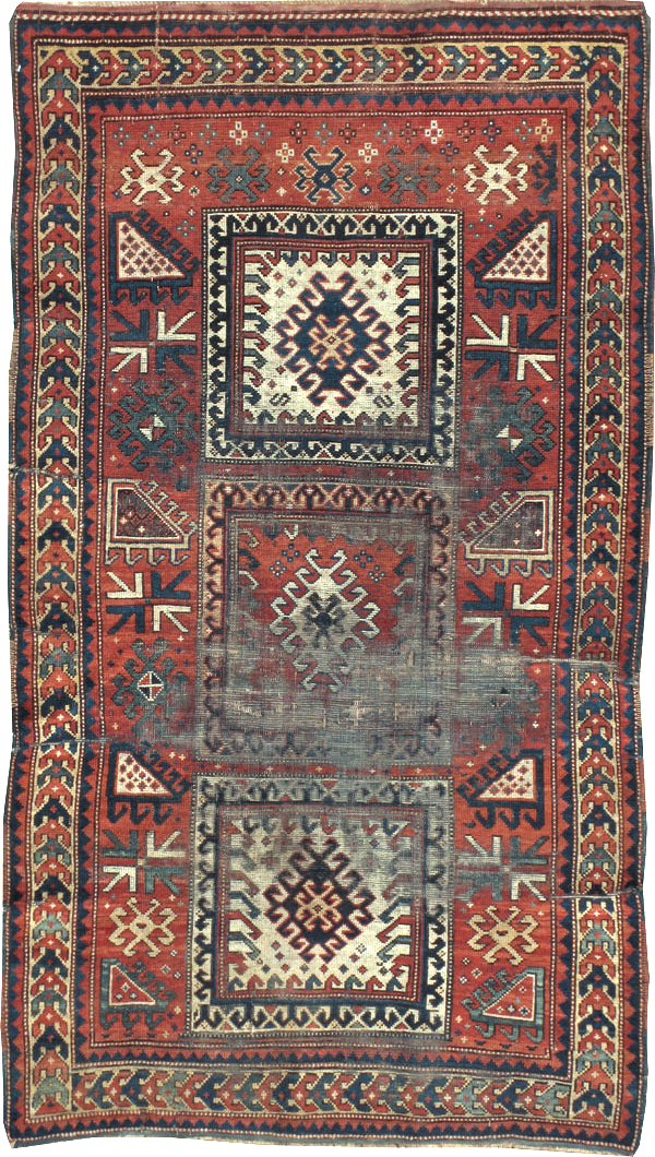 Antique Caucasian Kazak Distressed Rug, No.20954 - Staging