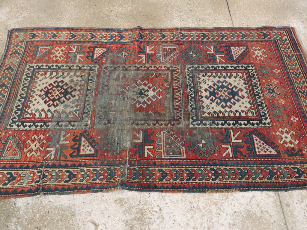 Antique Caucasian Kazak Distressed Rug, No.20954 - Staging