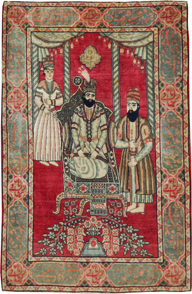 Vintage Persian Kerman Pictorial Rug, No.21168 - Staging