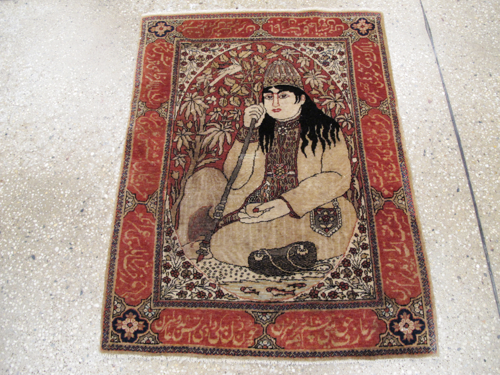 Antique Persian Mohtasham Kashan Pictorial Rug, No.21169 - Staging