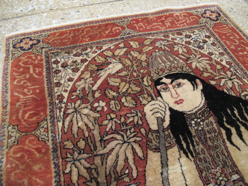 Antique Persian Mohtasham Kashan Pictorial Rug, No.21169 - Staging