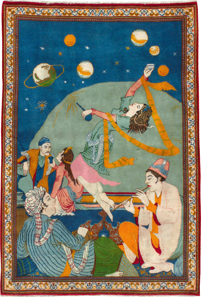 Vintage Persian Kashan Pictorial Rug, No.21230 - Staging