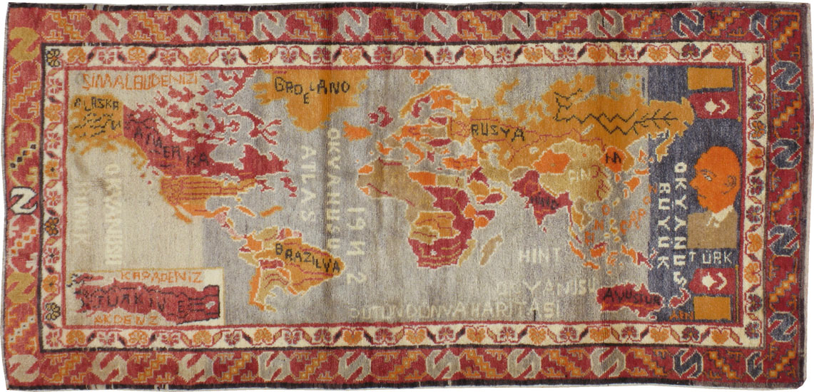 Vintage Turkish Oushak Map Rug, No.21408 - Staging
