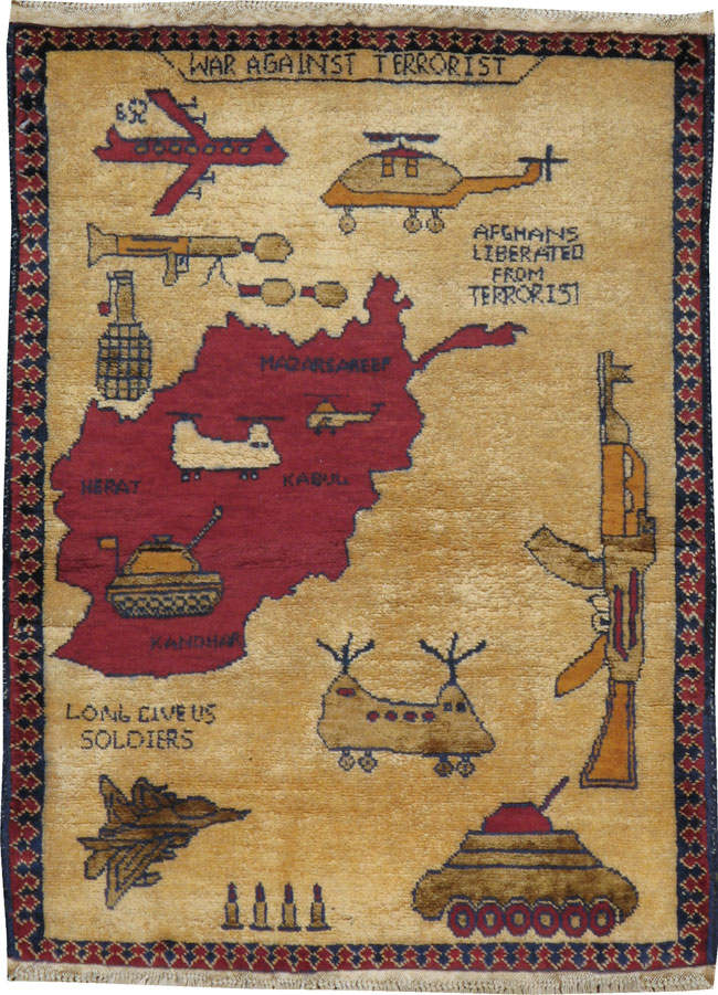 Vintage Afghan Pictorial War Map Rug, No.21837 - Staging