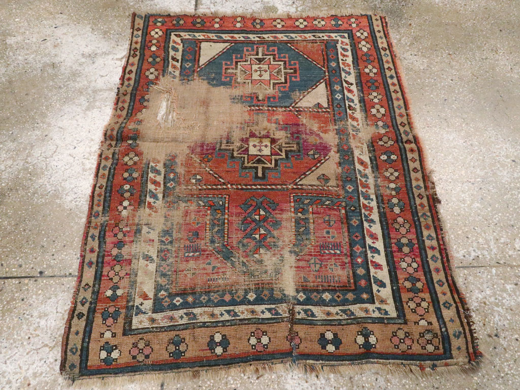 Antique Caucasian Kazak Distressed Rug, No.21963 - Staging