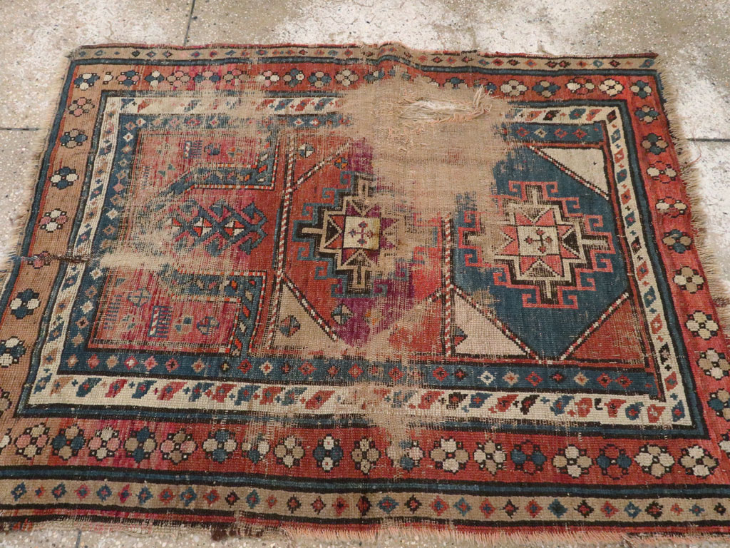 Antique Caucasian Kazak Distressed Rug, No.21963 - Staging