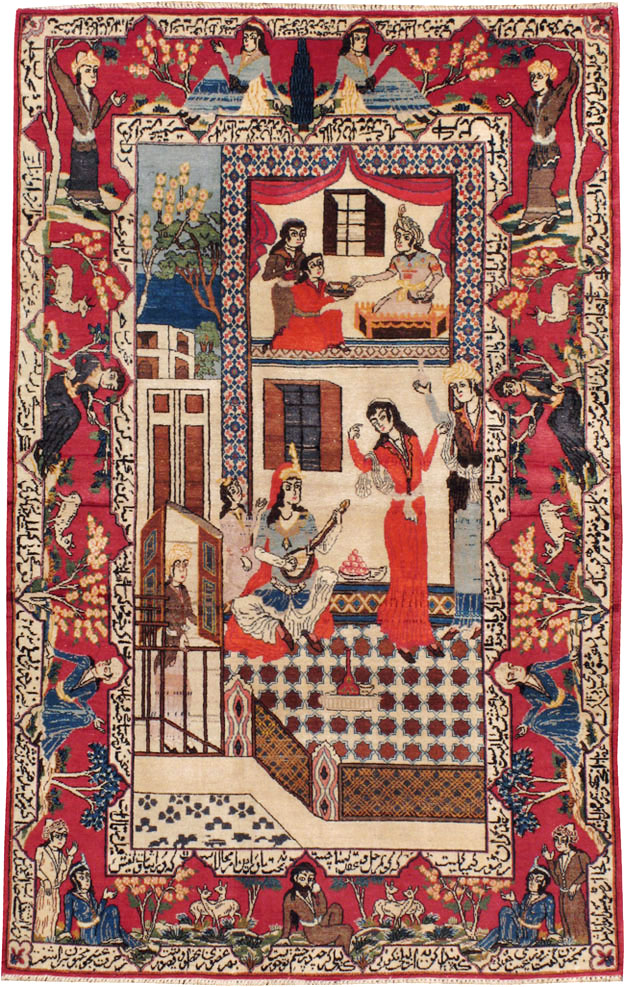 Vintage Persian Kashan Pictorial Rug, No.22075 - Staging