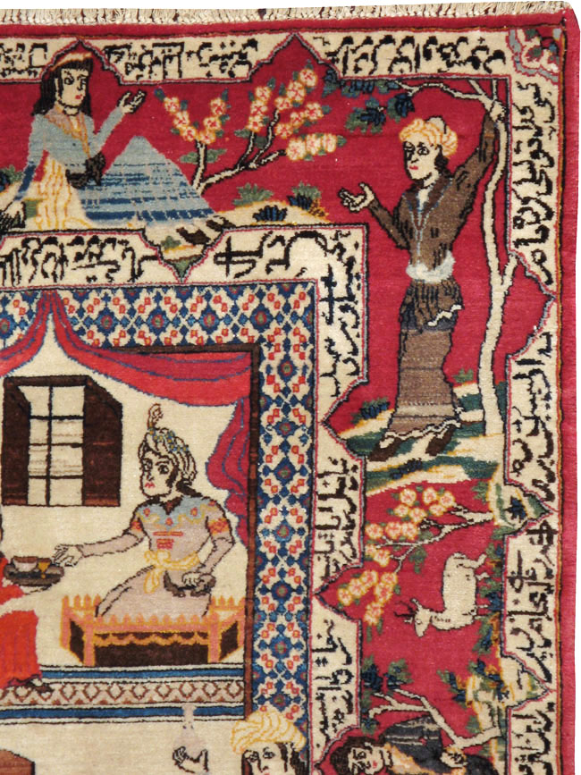 Vintage Persian Kashan Pictorial Rug, No.22075 - Staging