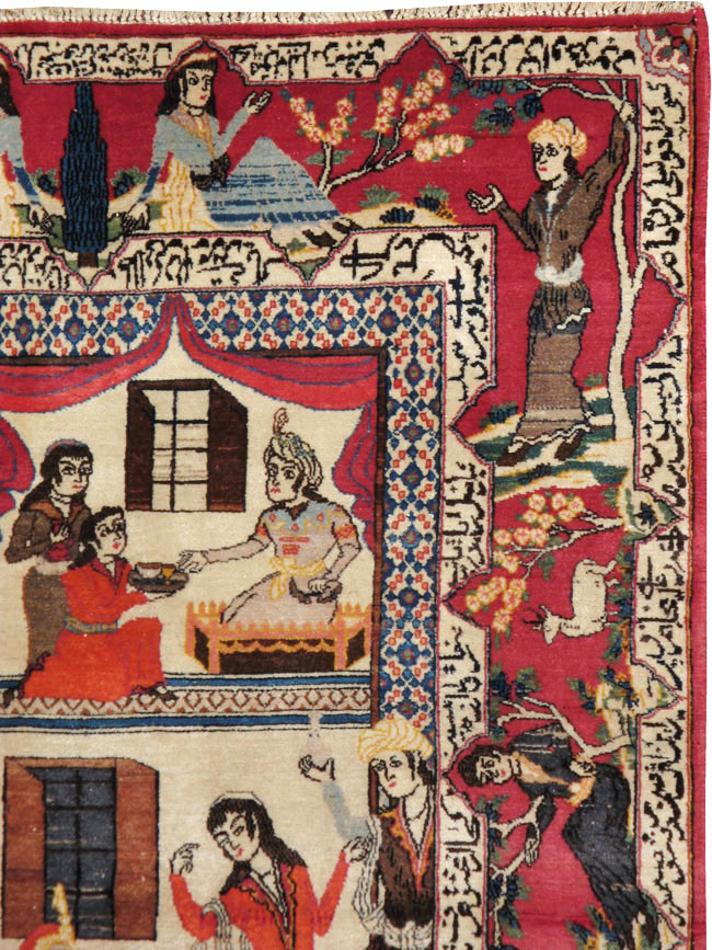 Vintage Persian Kashan Pictorial Rug, No.22075 - Staging