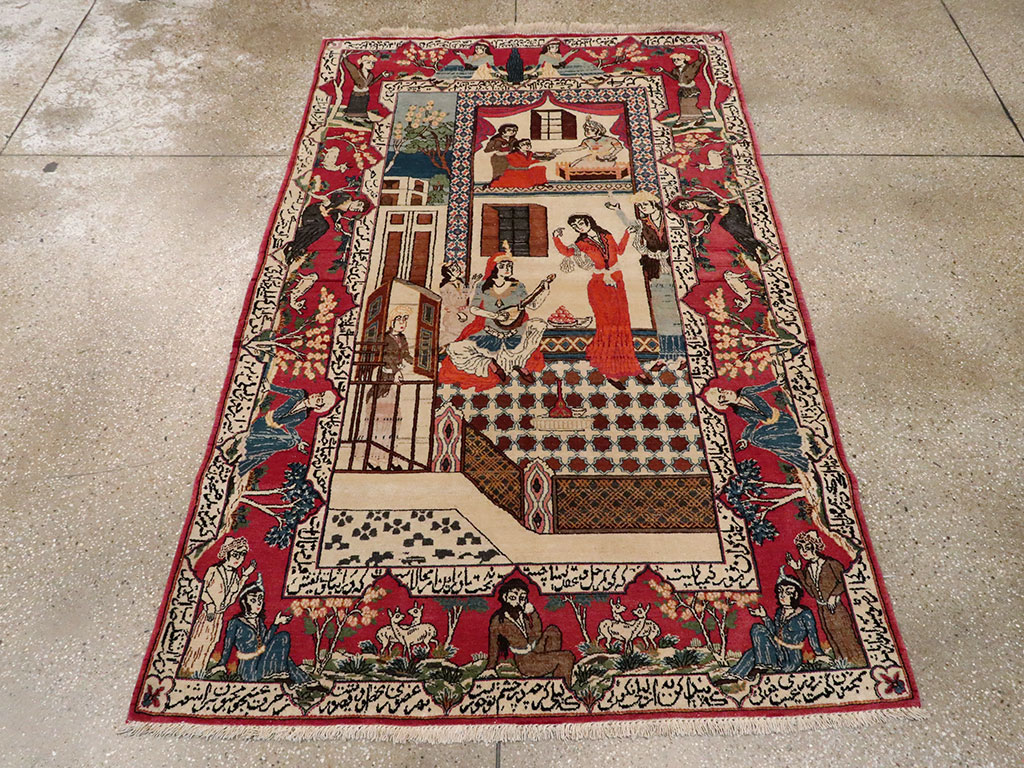 Vintage Persian Kashan Pictorial Rug, No.22075 - Staging