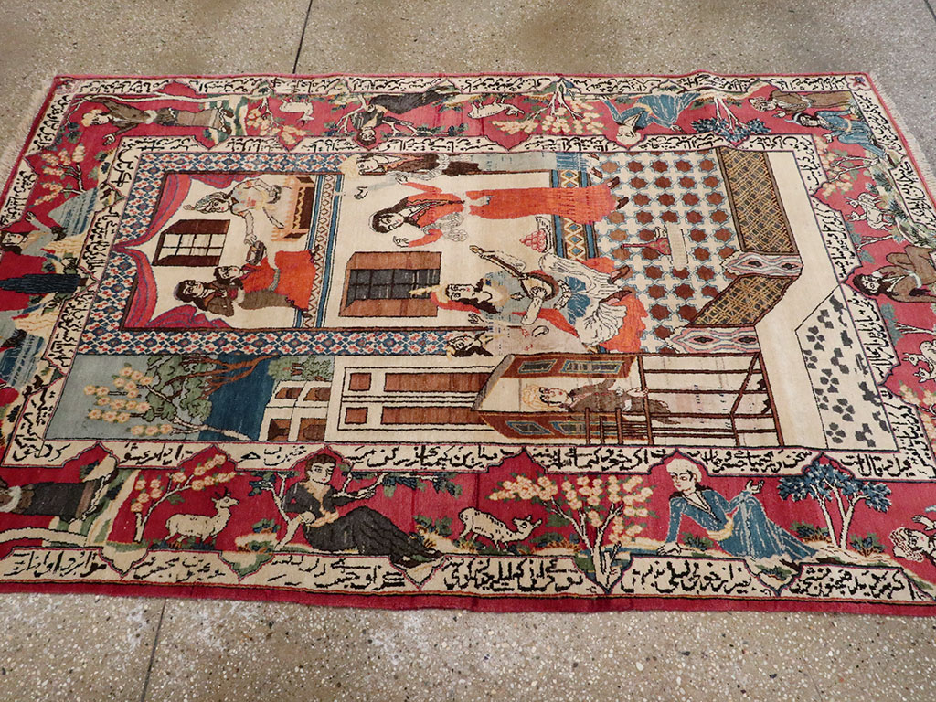 Vintage Persian Kashan Pictorial Rug, No.22075 - Staging