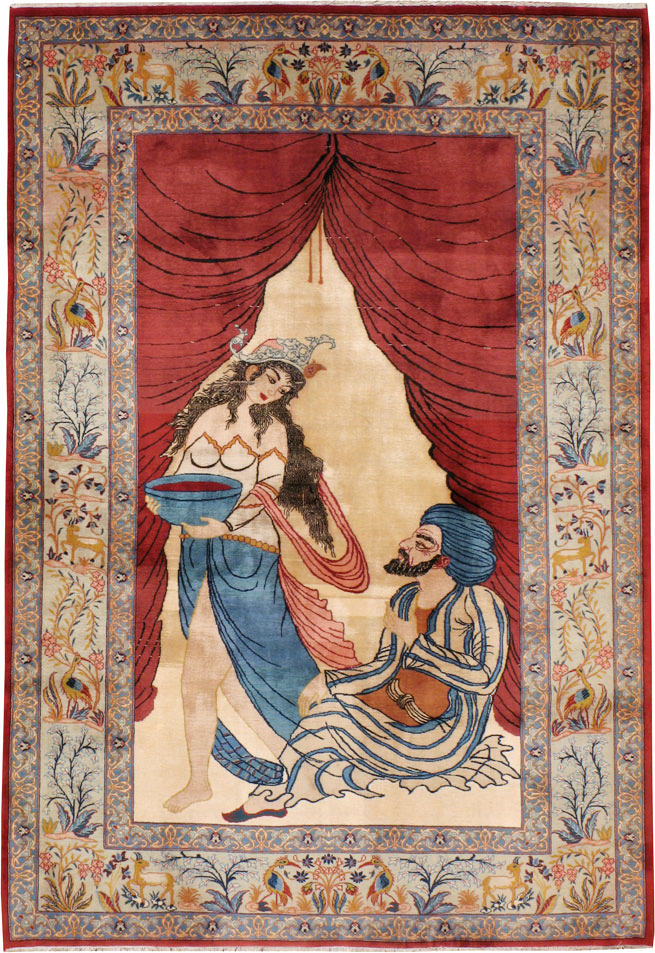 Vintage Persian Tabriz Pictorial Throw Rug, No.22461 - Staging