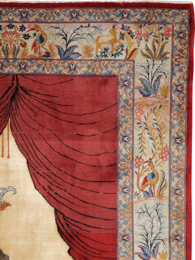 Vintage Persian Tabriz Pictorial Throw Rug, No.22461 - Staging