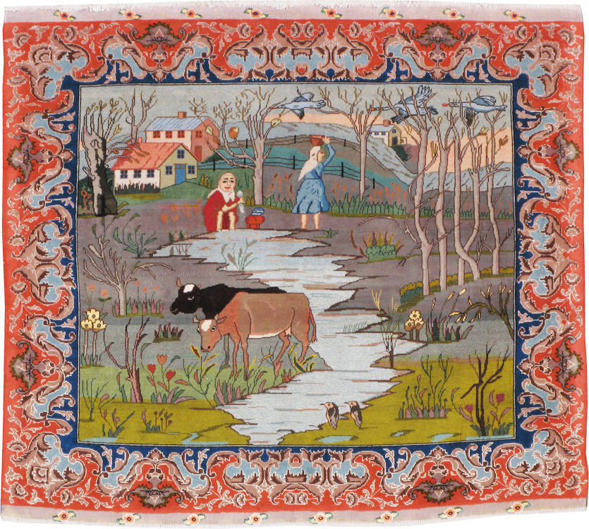 Vintage Persian Tabriz Pictorial Rug, No.22768 - Staging