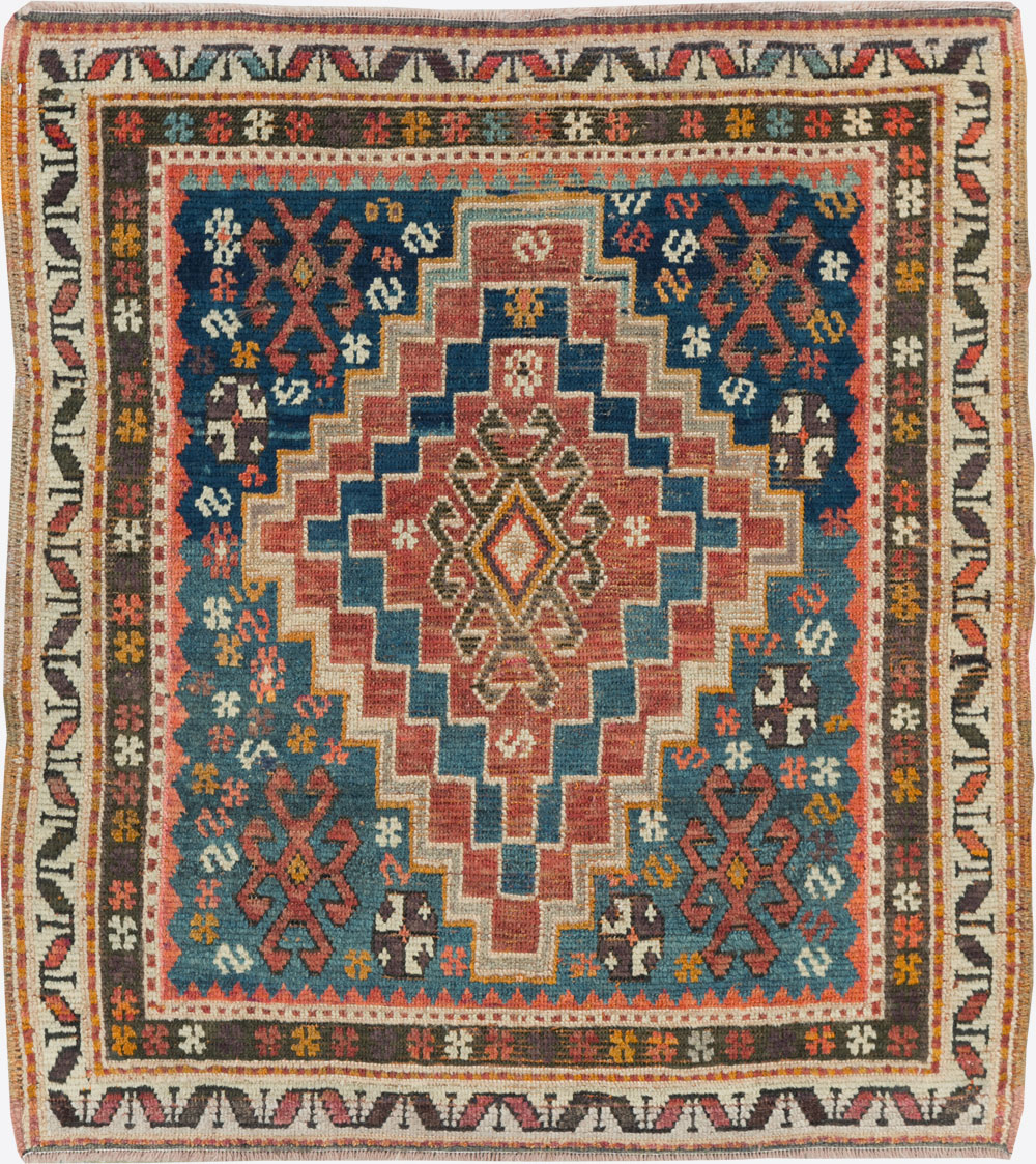 Antique Caucasian Kazak Square Throw Rug, No.22843 - Staging