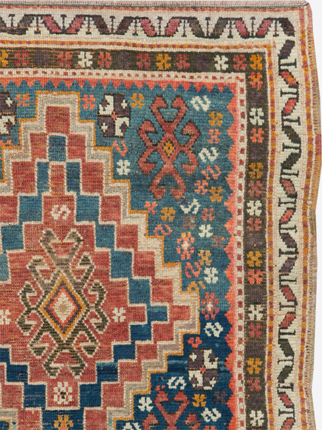 Antique Caucasian Kazak Square Throw Rug, No.22843 - Staging