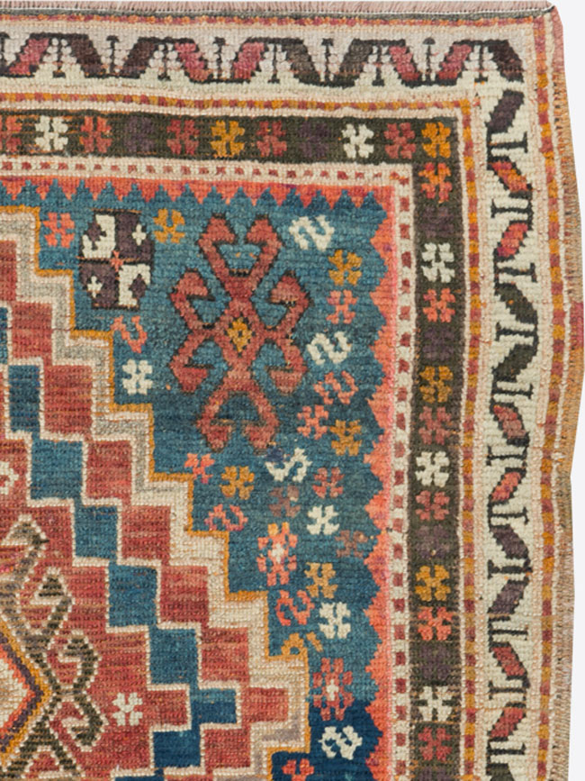 Antique Caucasian Kazak Square Throw Rug, No.22843 - Staging