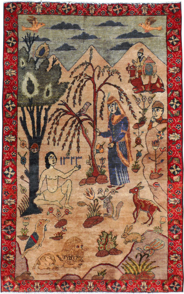 Vintage Persian Tabriz Pictorial Rug, No.22999 - Staging