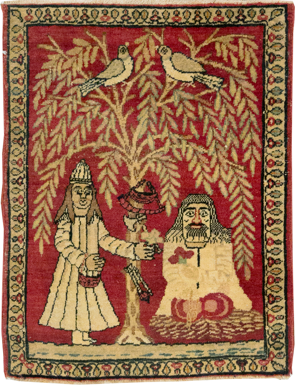 Antique Persian Lavar Kerman Pictorial Rug (Pair: 1 of 2), No.23029 - Staging