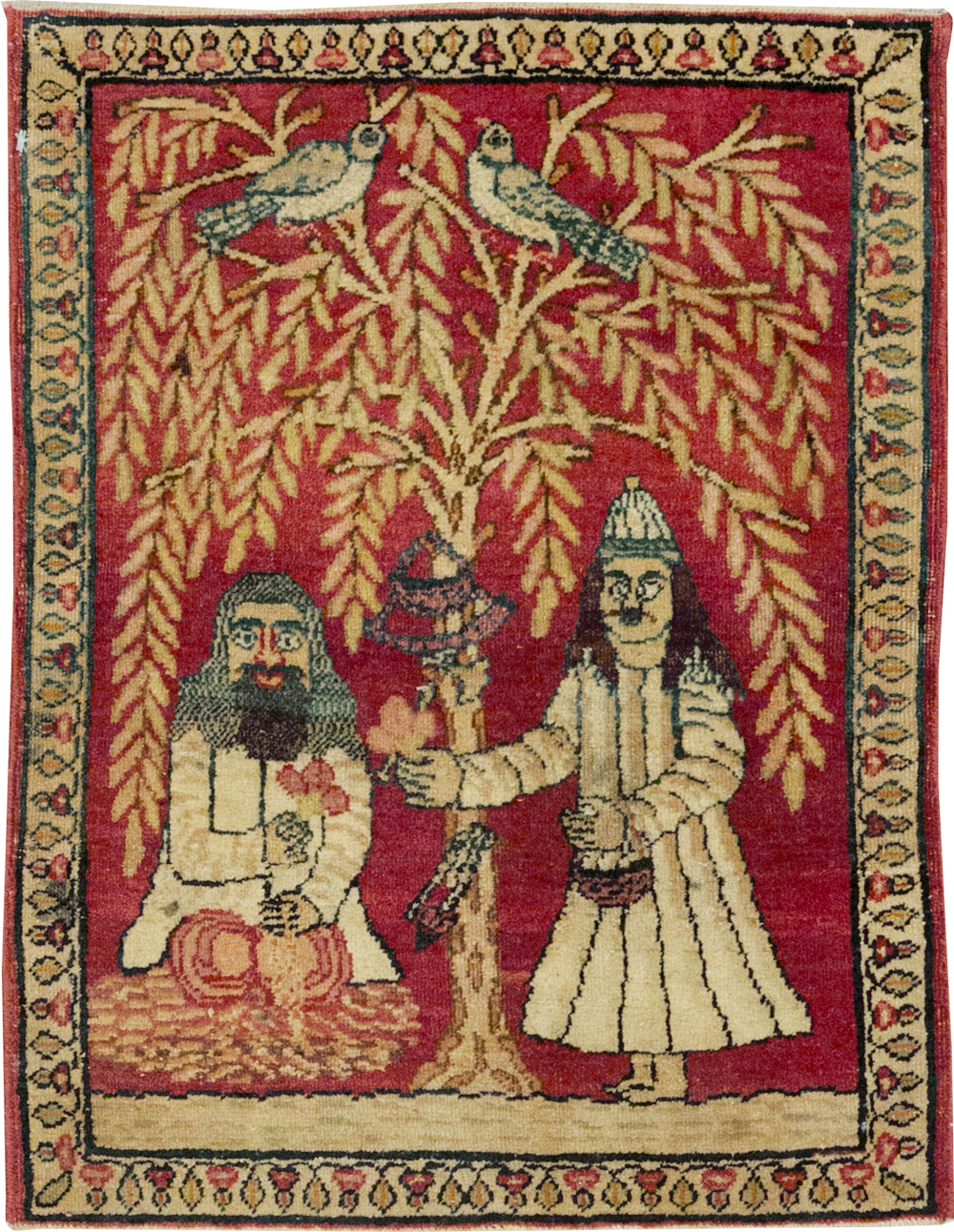 Antique Persian Lavar Kerman Pictorial Rug (Pair: 2 of 2), No.23078 - Staging