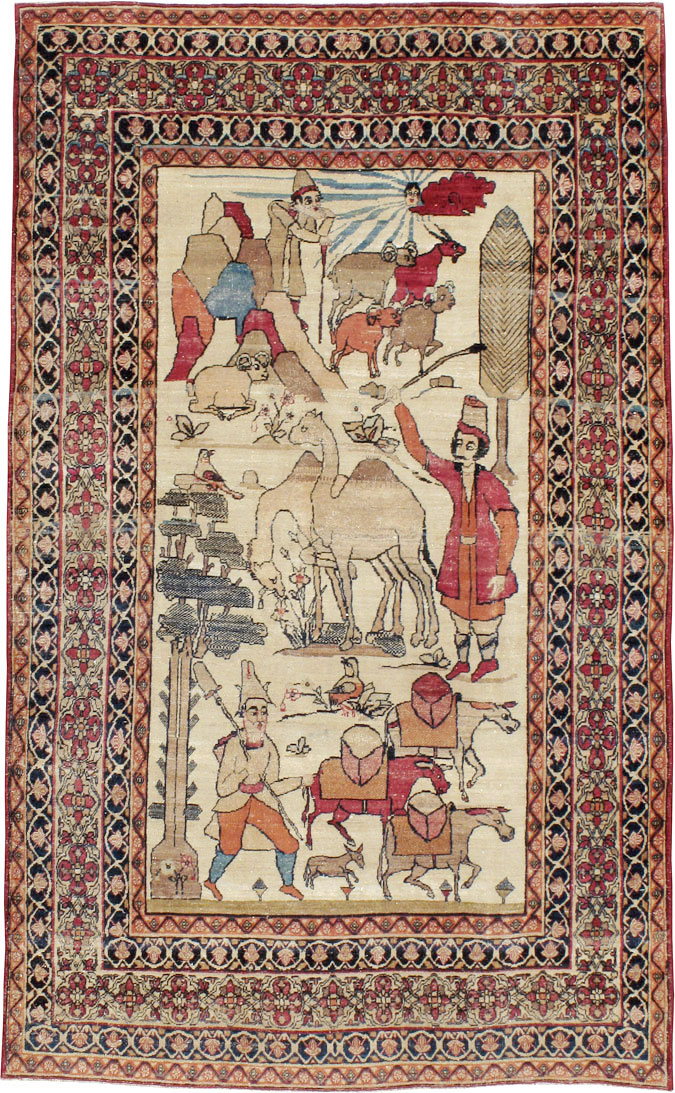 Vintage Persian Kerman Pictorial Rug, No.23102 - Staging