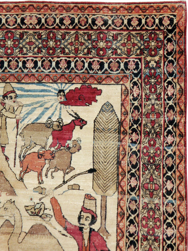 Vintage Persian Kerman Pictorial Rug, No.23102 - Staging