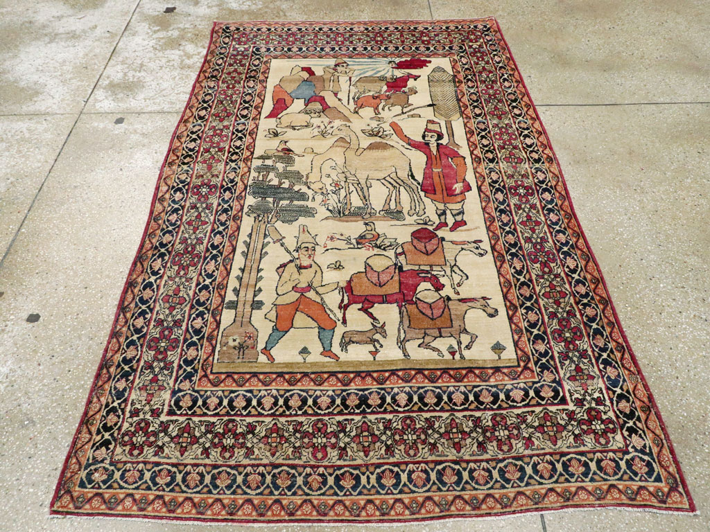 Vintage Persian Kerman Pictorial Rug, No.23102 - Staging