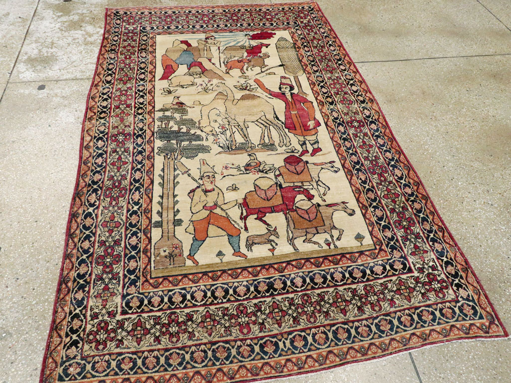 Vintage Persian Kerman Pictorial Rug, No.23102 - Staging