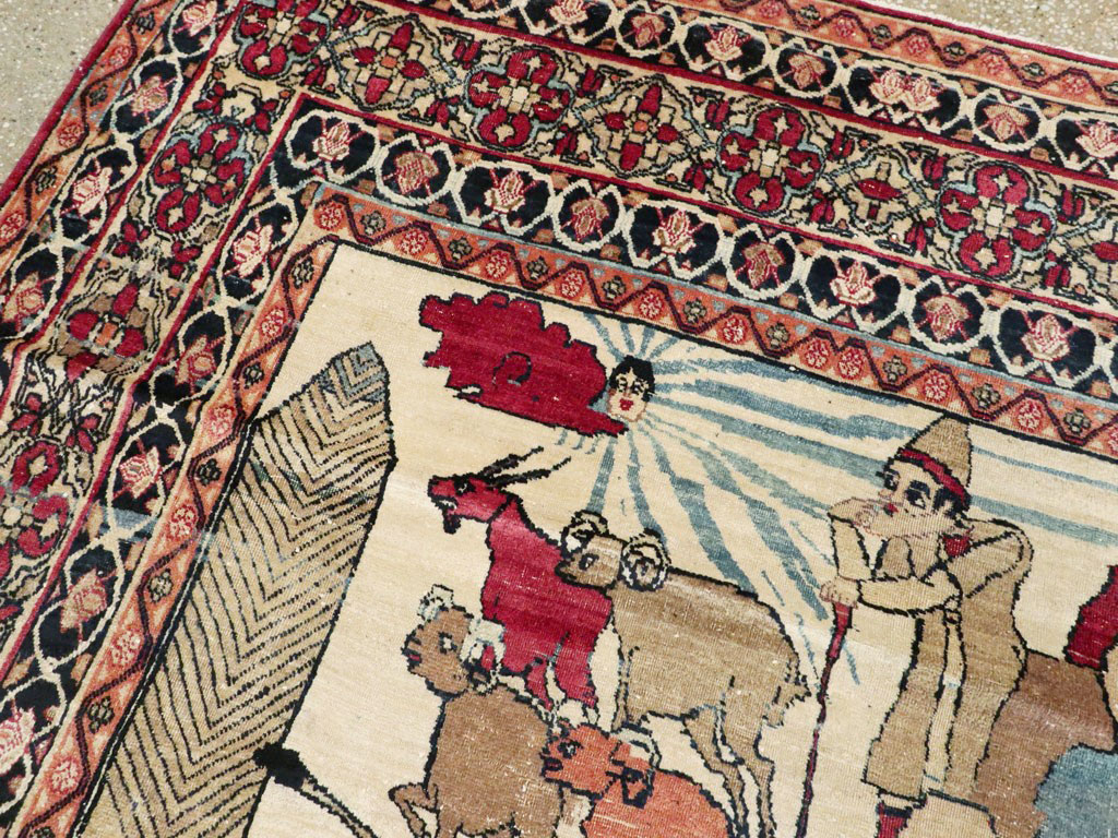 Vintage Persian Kerman Pictorial Rug, No.23102 - Staging