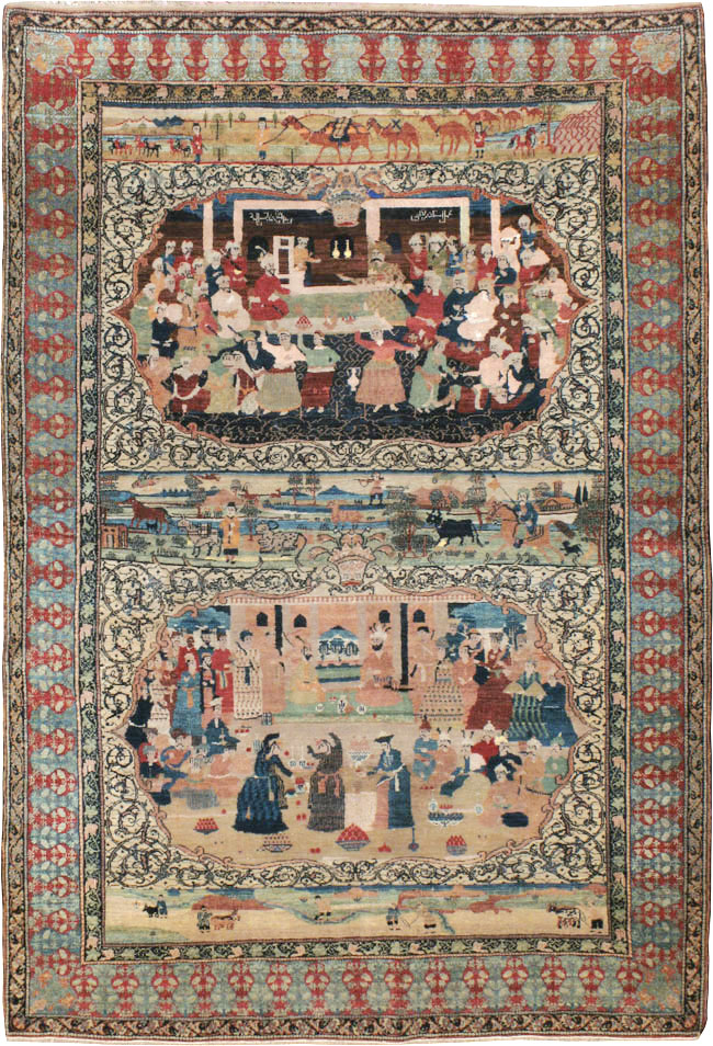 Vintage Persian Kerman Pictorial Rug, No.23123 - Staging