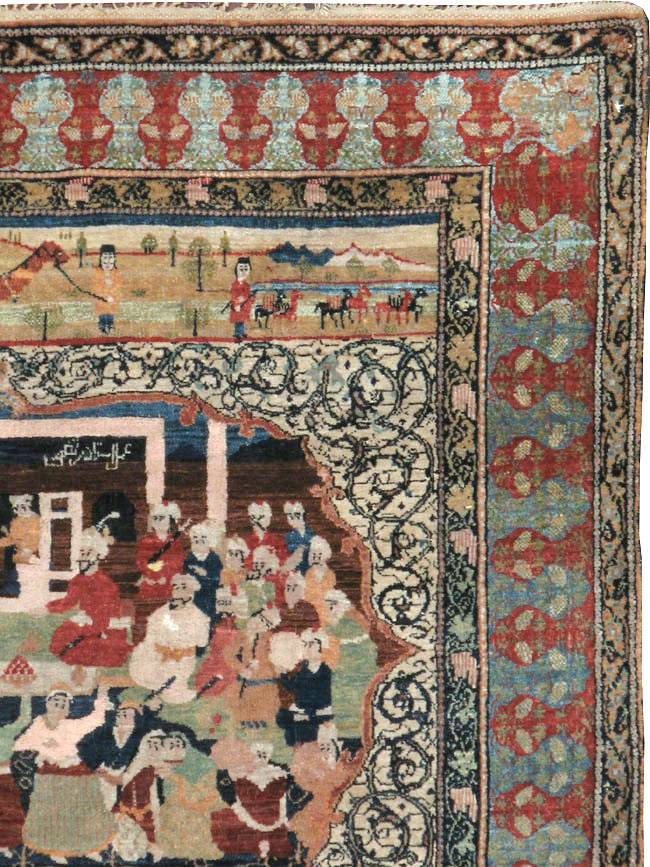 Vintage Persian Kerman Pictorial Rug, No.23123 - Staging