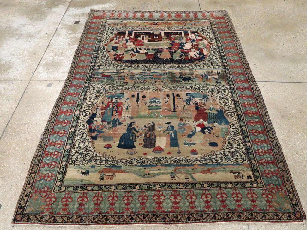 Vintage Persian Kerman Pictorial Rug, No.23123 - Staging