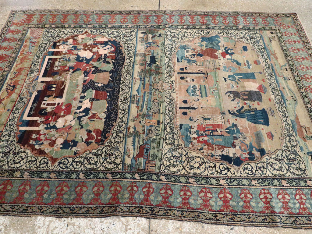 Vintage Persian Kerman Pictorial Rug, No.23123 - Staging