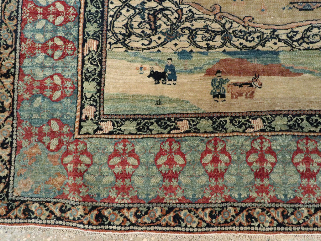 Vintage Persian Kerman Pictorial Rug, No.23123 - Staging