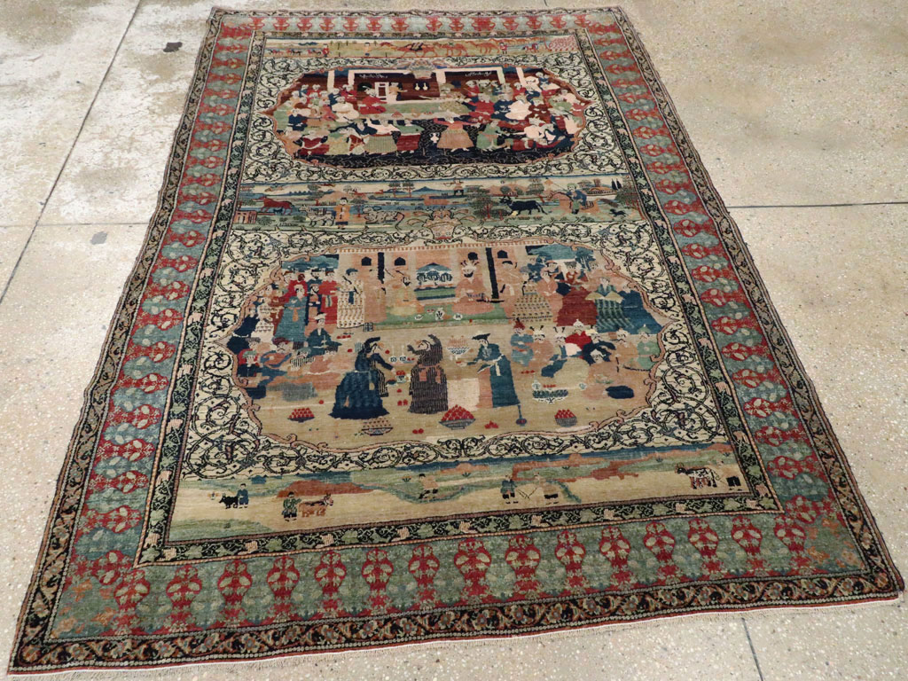 Vintage Persian Kerman Pictorial Rug, No.23123 - Staging