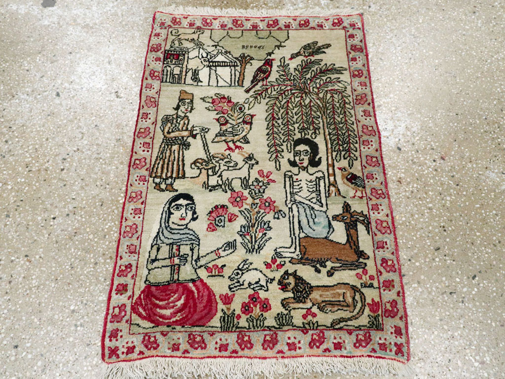 Vintage Persian Kerman Pictorial Rug (Pair: 1 of 2), No.23134 - Staging