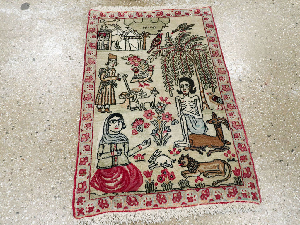 Vintage Persian Kerman Pictorial Rug (Pair: 1 of 2), No.23134 - Staging