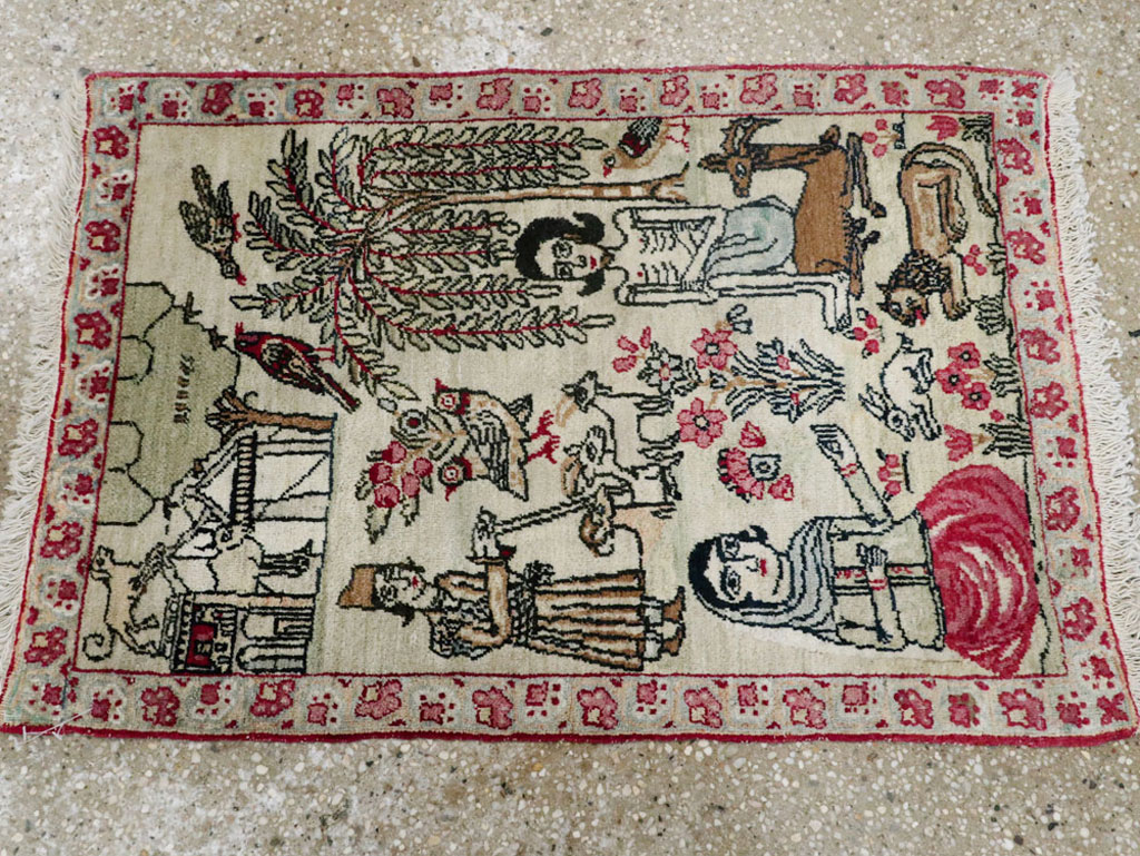 Vintage Persian Kerman Pictorial Rug (Pair: 1 of 2), No.23134 - Staging