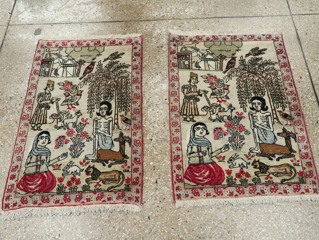 Vintage Persian Kerman Pictorial Rug (Pair: 1 of 2), No.23134 - Staging