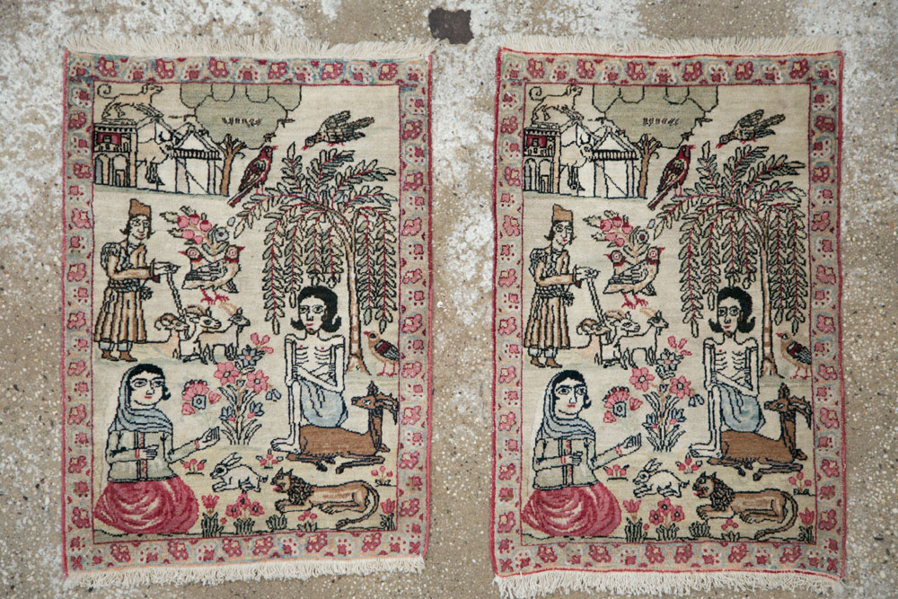 Vintage Persian Kerman Pictorial Rug (Pair: 2 of 2), No.23135 - Staging