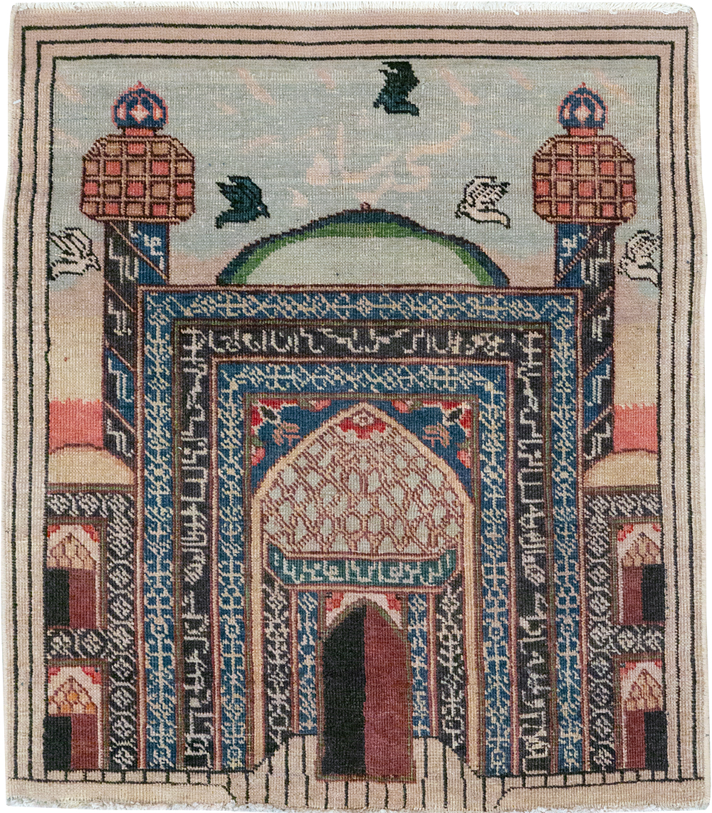 Vintage Persian Tabriz Pictorial Throw Rug, No.23455 - Staging