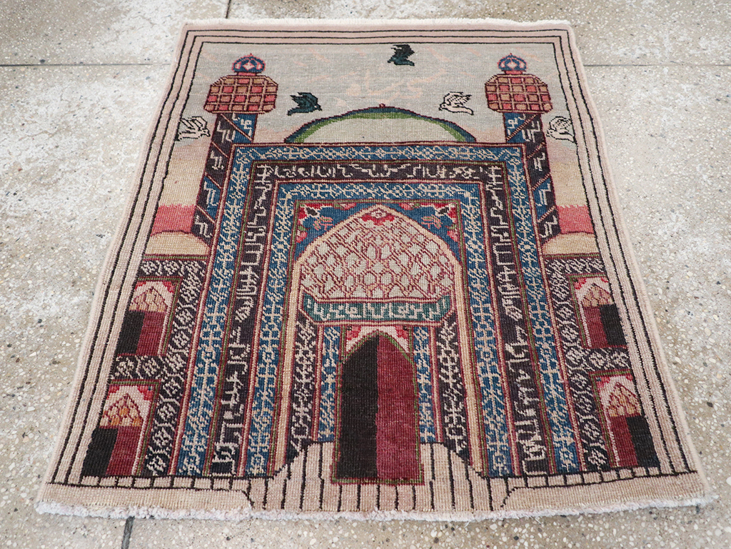 Vintage Persian Tabriz Pictorial Throw Rug, No.23455 - Staging